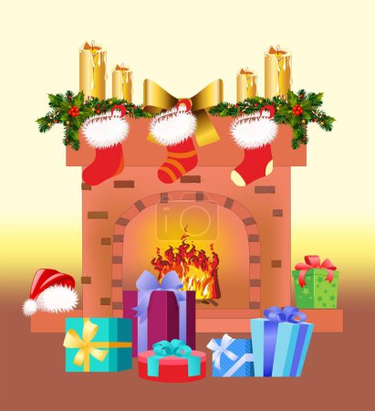 Téléchargez les photos : Composition avec une cheminée avec des chaussettes attachées et des cadeaux sous la cheminée - en image libre de droit