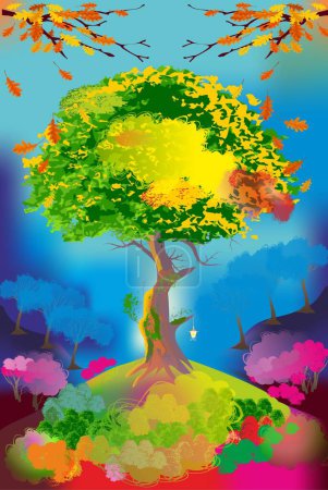 Téléchargez les photos : Paysage avec un arbre d'automne debout sur une colline parmi les collines - en image libre de droit