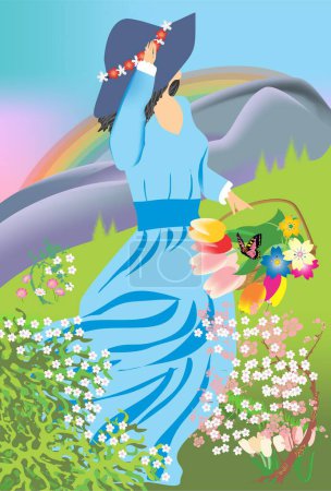 Téléchargez les photos : Composition avec une fille de printemps dans une robe de marche avec un panier plein de fleurs - en image libre de droit