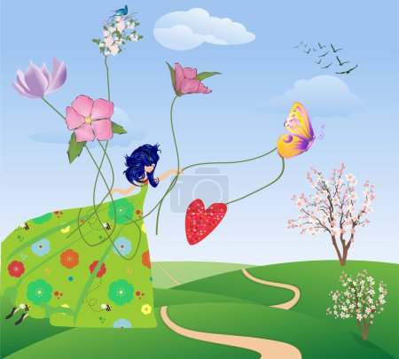 Téléchargez les photos : Composition avec une fille de printemps dans une robe de fleur tenant des fleurs et volant au-dessus du pré - en image libre de droit