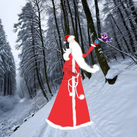 Téléchargez les photos : Composition avec une forêt d'hiver à travers laquelle court la route que le Père Noël marche - en image libre de droit