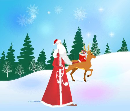Téléchargez les photos : Composition de la forêt d'hiver avec le Père Noël et les rennes - en image libre de droit
