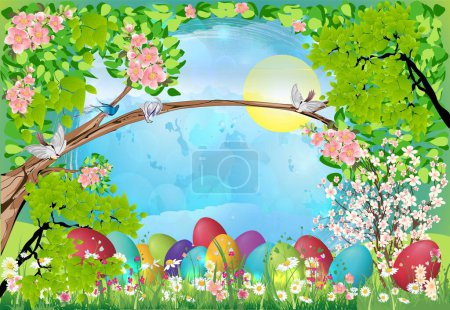 Téléchargez les photos : Composition de Pâques avec des œufs de Pâques cachés dans l'herbe - en image libre de droit