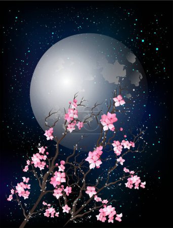 Téléchargez les photos : Composition avec un arbre de printemps sur le fond de la lune - en image libre de droit