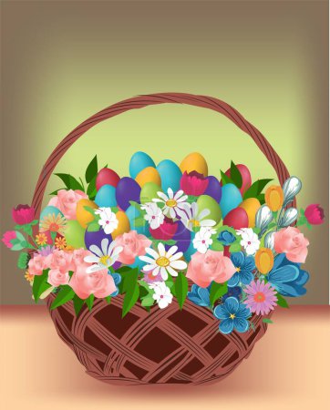 Téléchargez les photos : Composition de Pâques avec panier, oeufs de Pâques et fleurs - en image libre de droit
