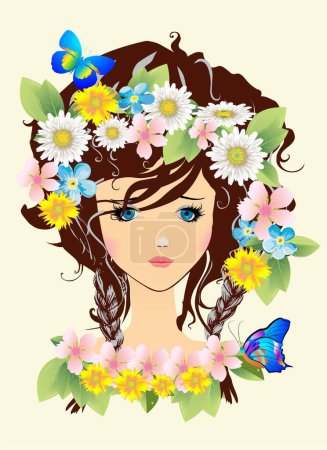 Téléchargez les photos : Composition avec fille de printemps, fleurs et papillons - en image libre de droit