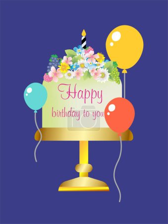 Téléchargez les photos : Composition anniversaire avec un gâteau, une inscription et des fleurs - en image libre de droit
