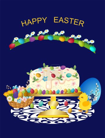 Téléchargez les photos : Composition de Pâques avec œufs de Pâques, gâteau et fleurs de printemps - en image libre de droit
