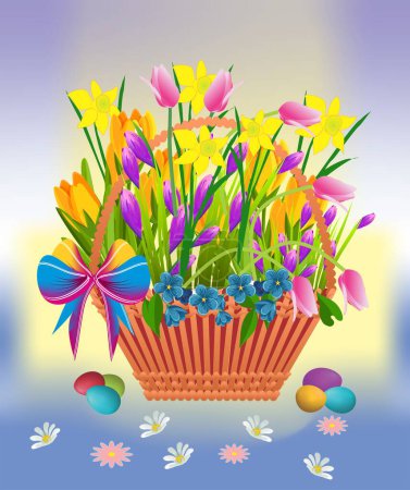 Téléchargez les photos : Composition de Pâques avec un panier de fleurs et d'œufs de Pâques - en image libre de droit