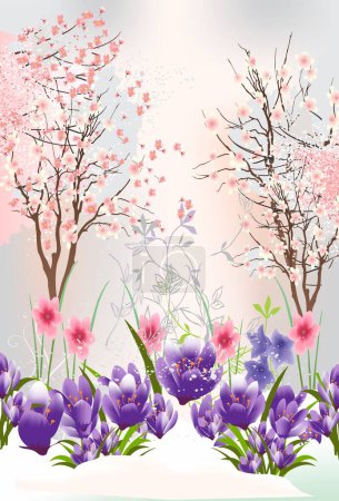 Téléchargez les photos : Composition avec des crocus et des arbres à fleurs comme signes avant-coureurs du printemps - en image libre de droit