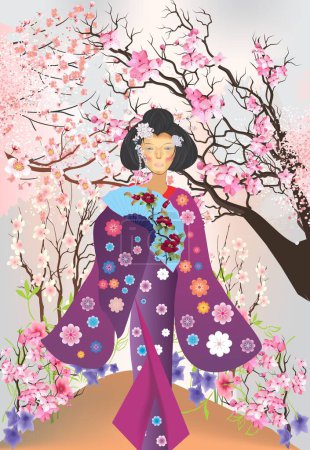 Téléchargez les photos : Composition de printemps avec une fille japonaise qui est vêtue d'un costume japonais traditionnel - en image libre de droit