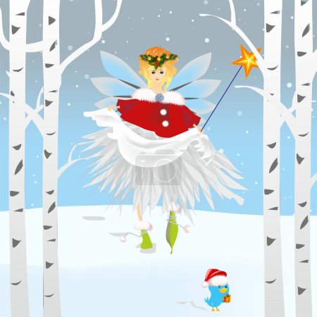 Téléchargez les photos : Composition de Noël avec un ange qui marche entre les arbres et un oiseau marche devant lui et tient un cadeau - en image libre de droit
