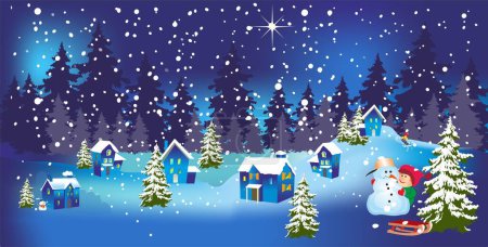 Téléchargez les photos : Composition hivernale avec maisons, arbres, garçon et bonhomme de neige - en image libre de droit
