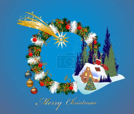 Téléchargez les photos : Composition de Noël avec couronne, maison, arbre de Noël et arbres - en image libre de droit