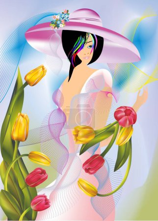 Téléchargez les photos : Composition avec une fille de printemps dans une robe et avec des tulipes - en image libre de droit