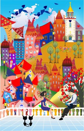 Téléchargez les illustrations : Composition with fairy-tale colorful houses, trees and flowers and lovers who are sitting on the terrace - en licence libre de droit