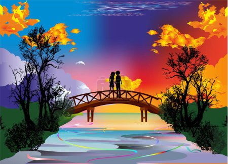 Téléchargez les photos : Composition with lovers standing on the bridge in the evening - en image libre de droit