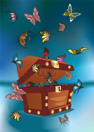 Téléchargez les photos : Composition with colorful butterflies that fly out of the chest - en image libre de droit