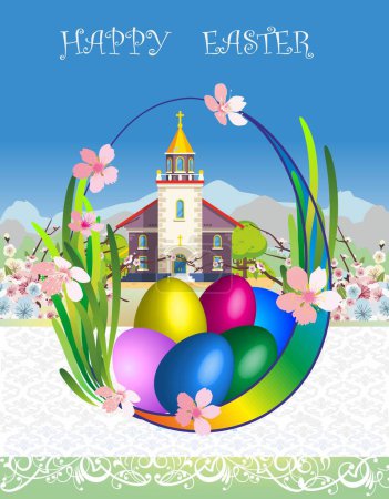 Téléchargez les photos : Easter composition with basket, easter eggs and church - en image libre de droit