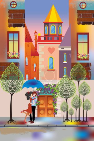 Téléchargez les photos : Composition avec des maisons colorées de conte de fées et les amoureux qui sont debout sur le trottoir - en image libre de droit