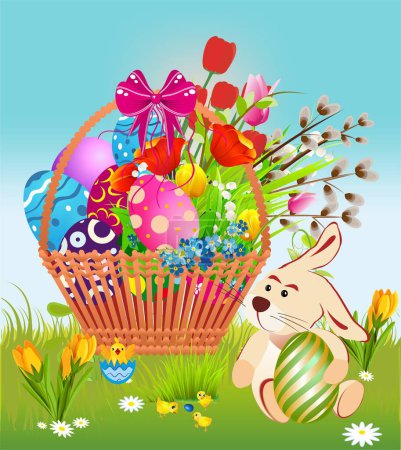 Téléchargez les photos : Composition de Pâques avec panier, oeufs de Pâques, lièvre et poulets - en image libre de droit