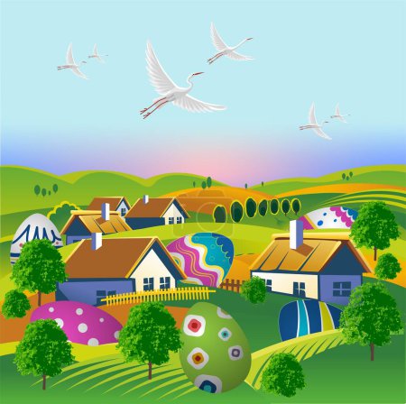 Téléchargez les photos : Paysage printanier avec maisons, collines, œufs de Pâques et cigognes volantes - en image libre de droit