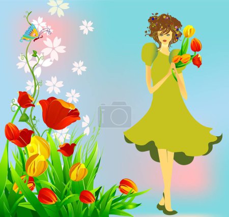 Téléchargez les photos : Composition avec fille de printemps, tulipes et papillon - en image libre de droit