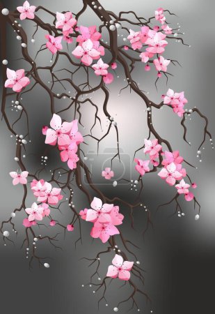 Téléchargez les photos : Composition printanière avec arbre, fleurs roses et gouttes d'eau - en image libre de droit