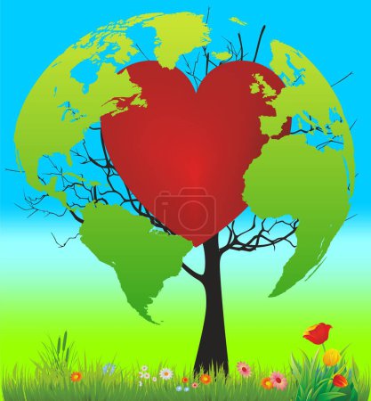 Téléchargez les photos : Composition pour le Jour de la Terre avec un arbre sur lequel il y a des continents et un cœur rouge au milieu - en image libre de droit