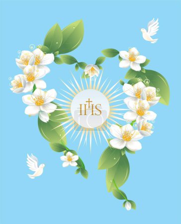 Téléchargez les photos : Composition avec des fleurs et des symboles de communion sainte - en image libre de droit