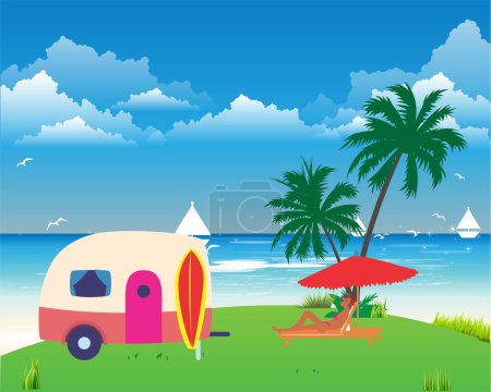 Téléchargez les photos : Composition avec un camping-car et une femme bronzant avec la mer en arrière-plan - en image libre de droit