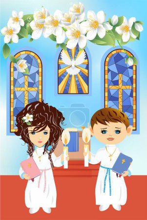Illustration for Composition with children in the church during the first holy communion - Royalty Free Image
