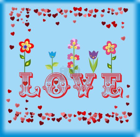Téléchargez les photos : Composition avec l'inscription amour et, avec des cœurs et des fleurs colorées - en image libre de droit