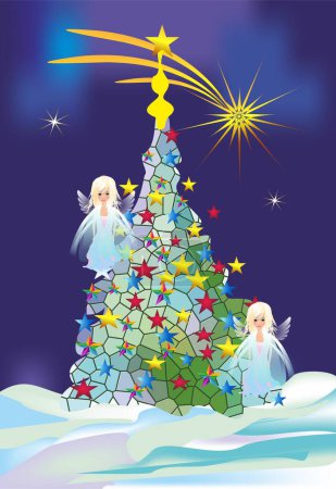 Téléchargez les photos : Composition avec un arbre de Noël en mosaïque et deux anges - en image libre de droit