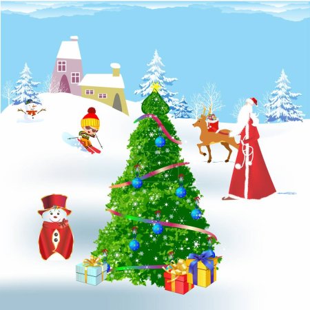 Téléchargez les photos : Composition avec Père Noël, rennes et sapin de Noël - en image libre de droit