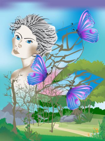 Téléchargez les photos : Composition avec une fille papillon sur un fond de paysage - en image libre de droit