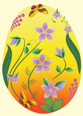 Téléchargez les photos : Composition de Pâques avec oeuf de Pâques, fleurs violettes et papillons - en image libre de droit