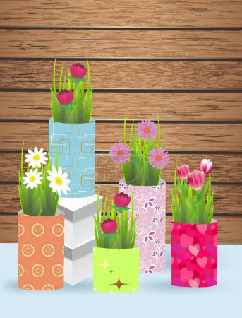 Téléchargez les photos : Composition du printemps, fleurs colorées dans des vases colorés - en image libre de droit