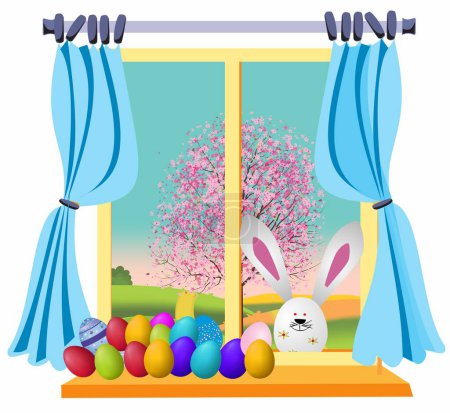 Téléchargez les photos : Composition de Pâques avec œufs de Pâques, lapin et fenêtre - en image libre de droit