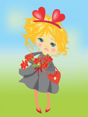 Téléchargez les photos : Composition printanière avec une fille qui se tient debout et tient des fleurs faites de coeurs - en image libre de droit