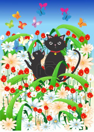 Téléchargez les photos : Composition printanière avec des chats assis parmi les fleurs - en image libre de droit