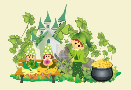 Téléchargez les photos : Composition avec château, gnomes et trèfle pour la Saint Patrick - en image libre de droit