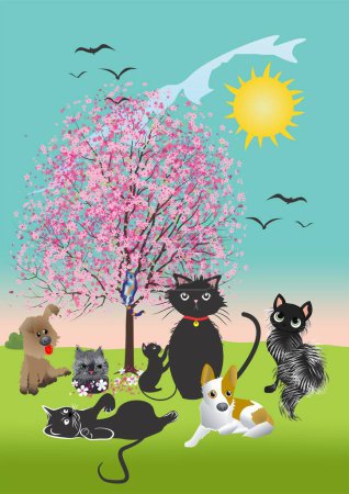 Téléchargez les photos : Composition du printemps avec arbre et animaux - en image libre de droit