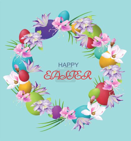 Téléchargez les photos : Easter decoration with a wreath of flowers and Easter eggs - en image libre de droit