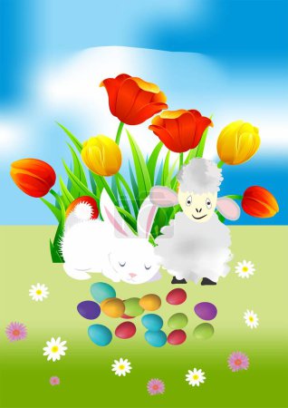 Téléchargez les photos : Composition de Pâques avec œufs de Pâques, un lièvre, un bélier et des fleurs de printemps - en image libre de droit