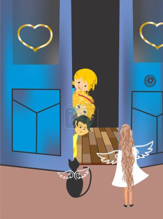 Téléchargez les photos : Composition avec des enfants regardant par la porte et voyant un ange - en image libre de droit