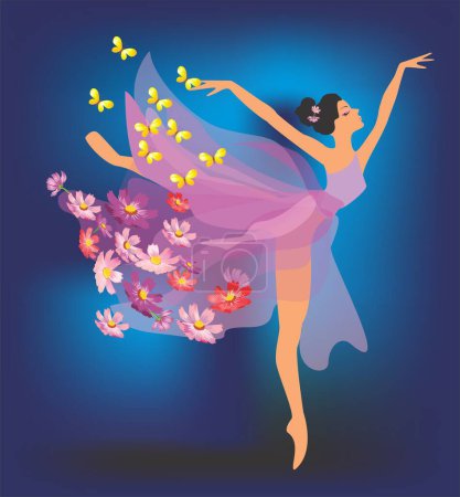 Téléchargez les photos : Composition avec une fille qui exécute une danse entourée de fleurs et de papillons - en image libre de droit