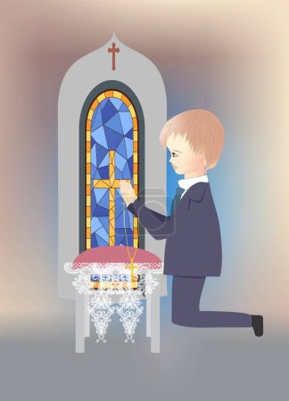 Téléchargez les photos : Composition avec un garçon et symboles caractéristiques de la Sainte Communion - en image libre de droit