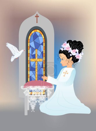 Téléchargez les photos : Composition avec une fille et symboles caractéristiques de la Sainte Communion - en image libre de droit