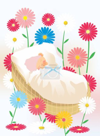 Téléchargez les photos : Composition avec un bébé endormi entouré de fleurs colorées - en image libre de droit